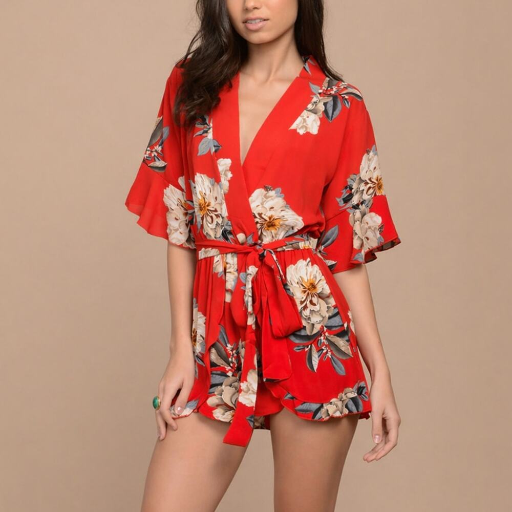 Charlotte Russe Coral Red Floral Surplice Romper with Belt V-Neck Extra Small XS